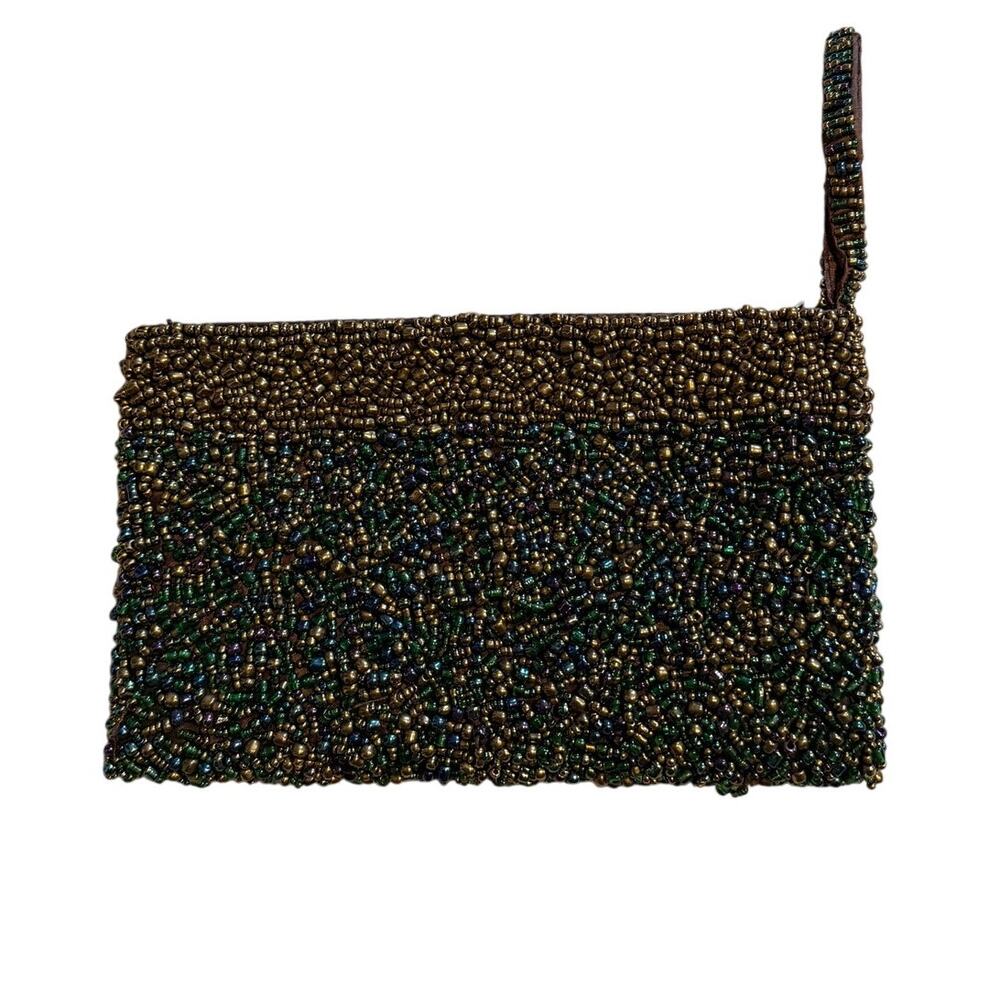Vintage Purple Green Gold Beaded Wristlet Clutch